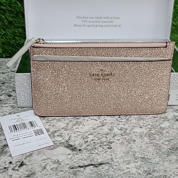 Kate Spade Wallet Tinsel Boxed Large Slim Card Holder in Glitter, Rose Gold - Picture 4 of 14
